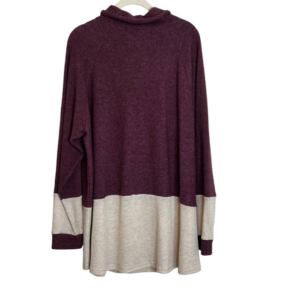 MoaMoa Womens Cowl Neck Pullover Knit Top Size 1X Plum Oatmeal Color Block NEW - Picture 4 of 6